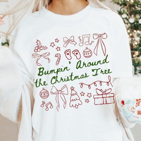 Christmas Around Expecting Mom Baby Shower Gift Shirt - Picture 1 of 4